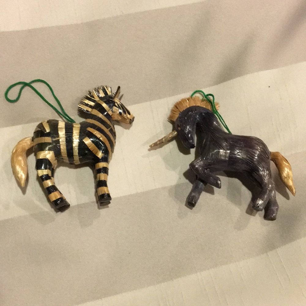 Lacquered straw zebra and unicorn